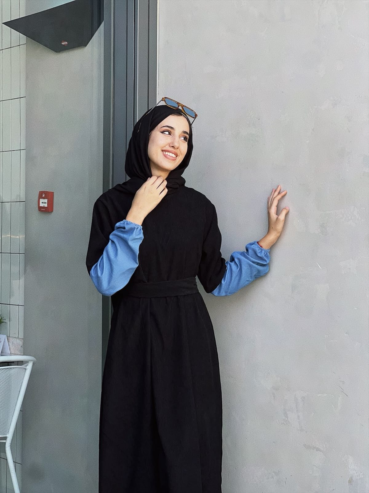 Corded abaya with denim sleeves
