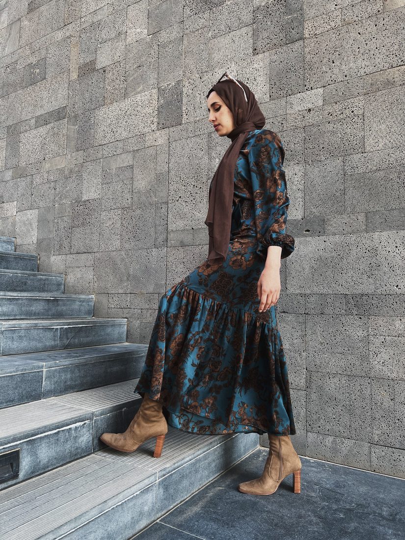 Printed Dress in Teal Floral, view 2
