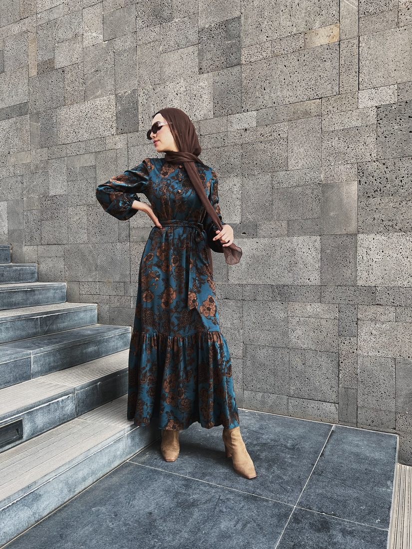 Printed Dress in Teal Floral, view 3