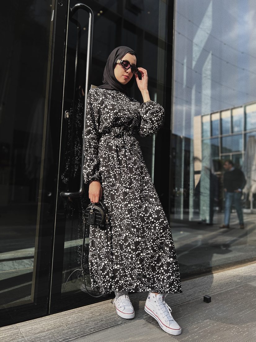 Printed Dress in Black Floral, view 2