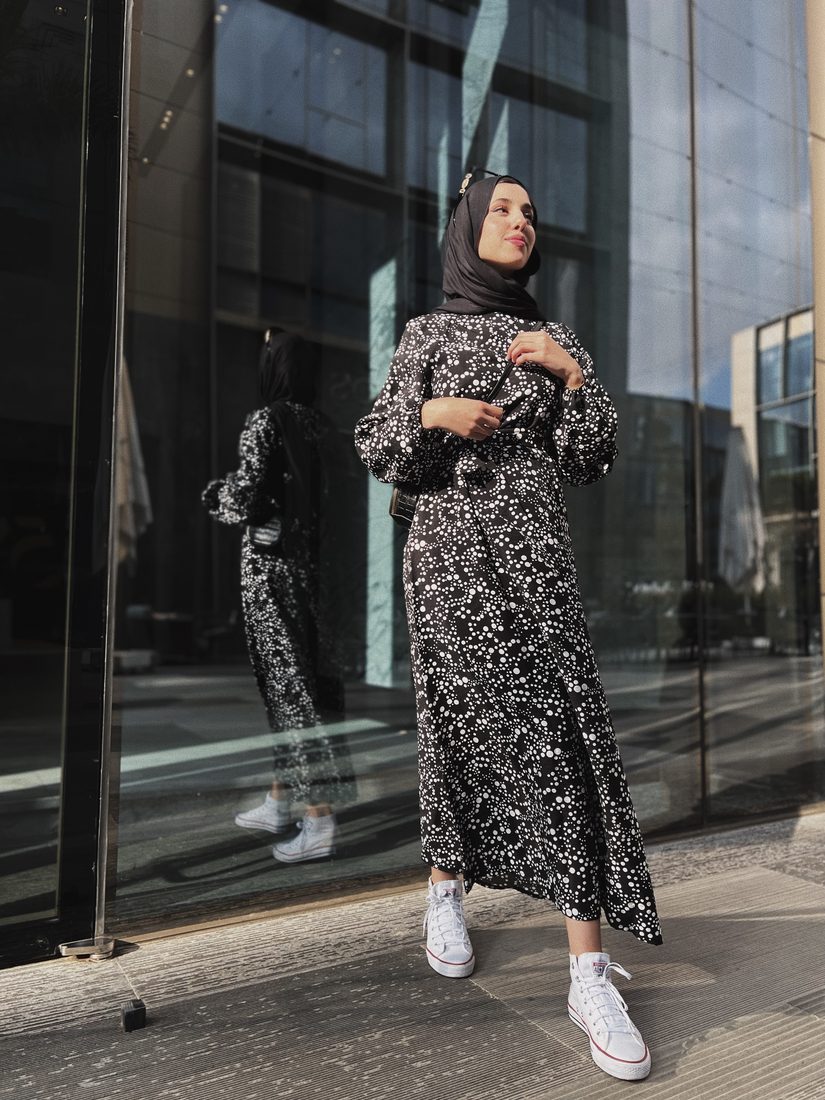 Printed Dress in Black Floral, view 3