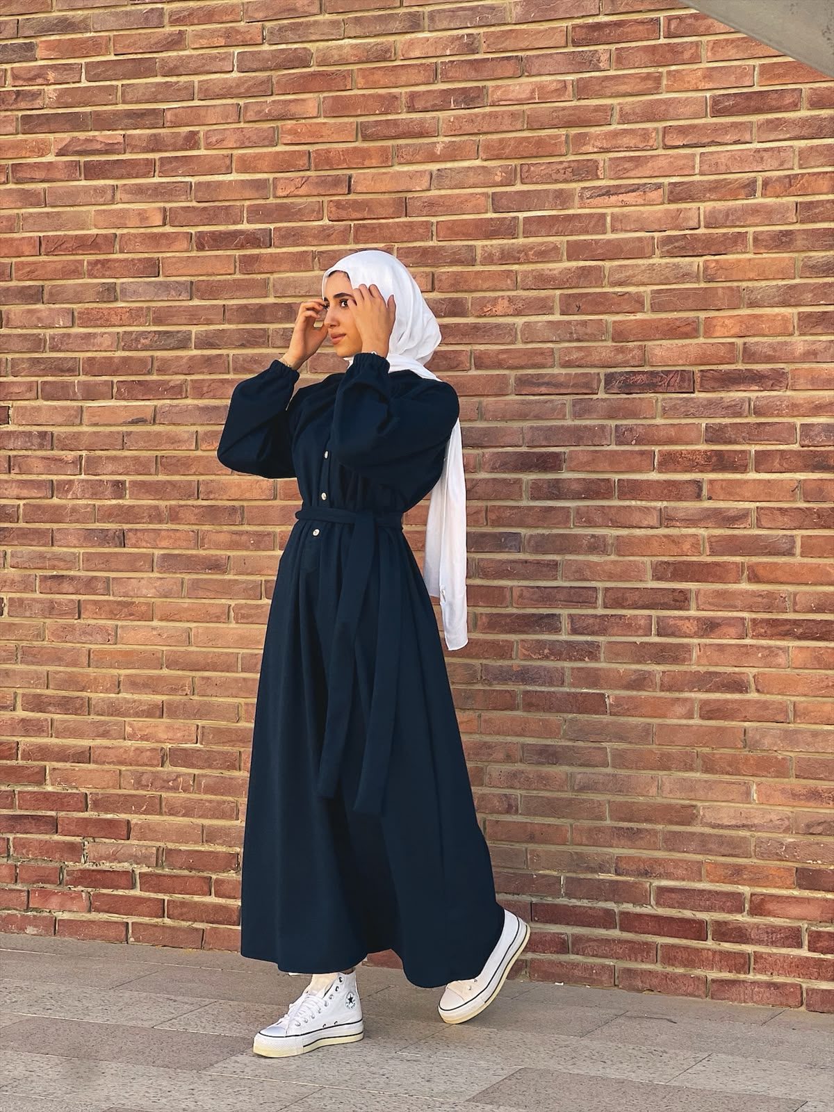 Gathered Abaya Dress in Navy, view 2