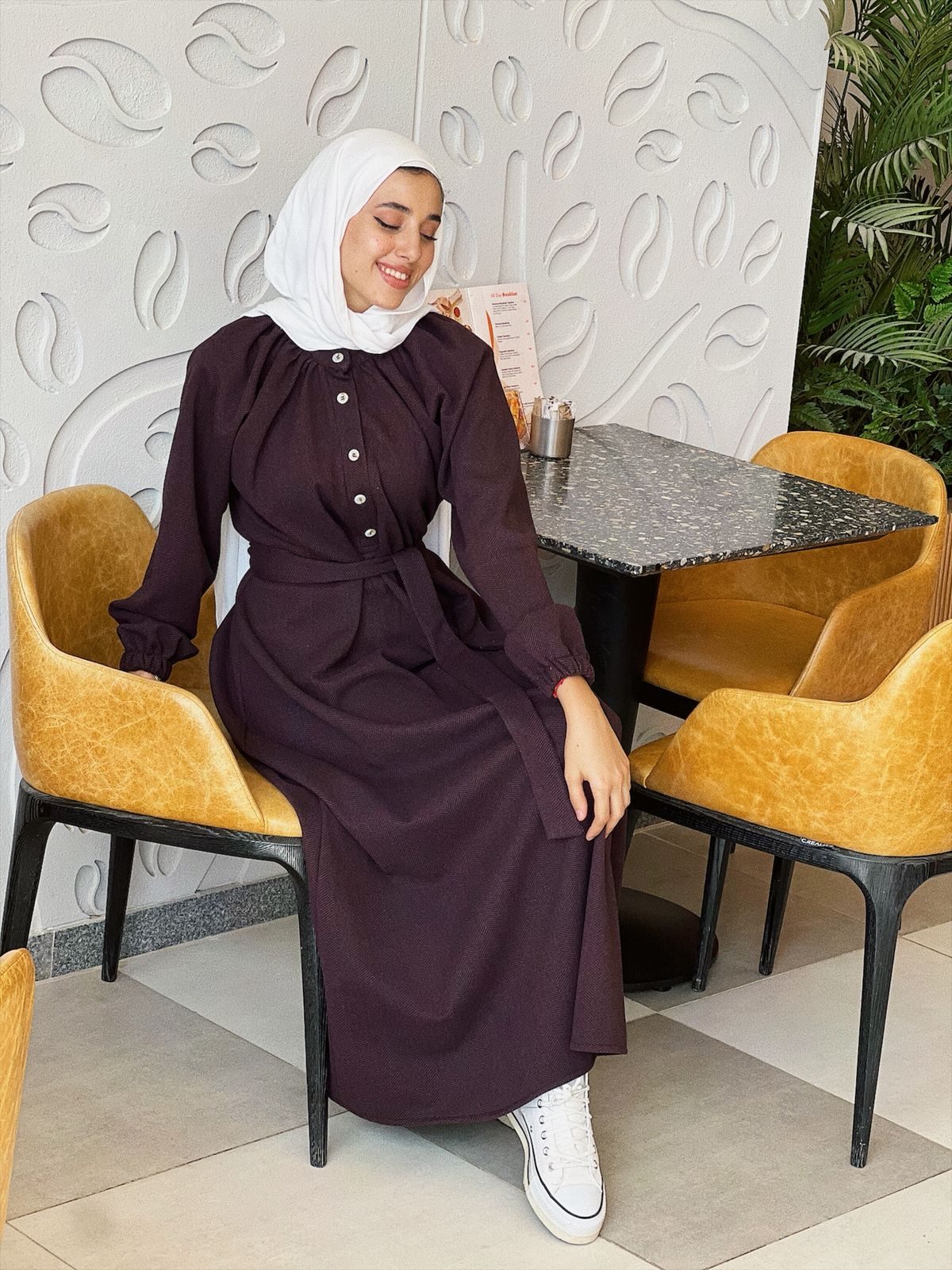 Gathered Abaya Dress in Plum, view 5